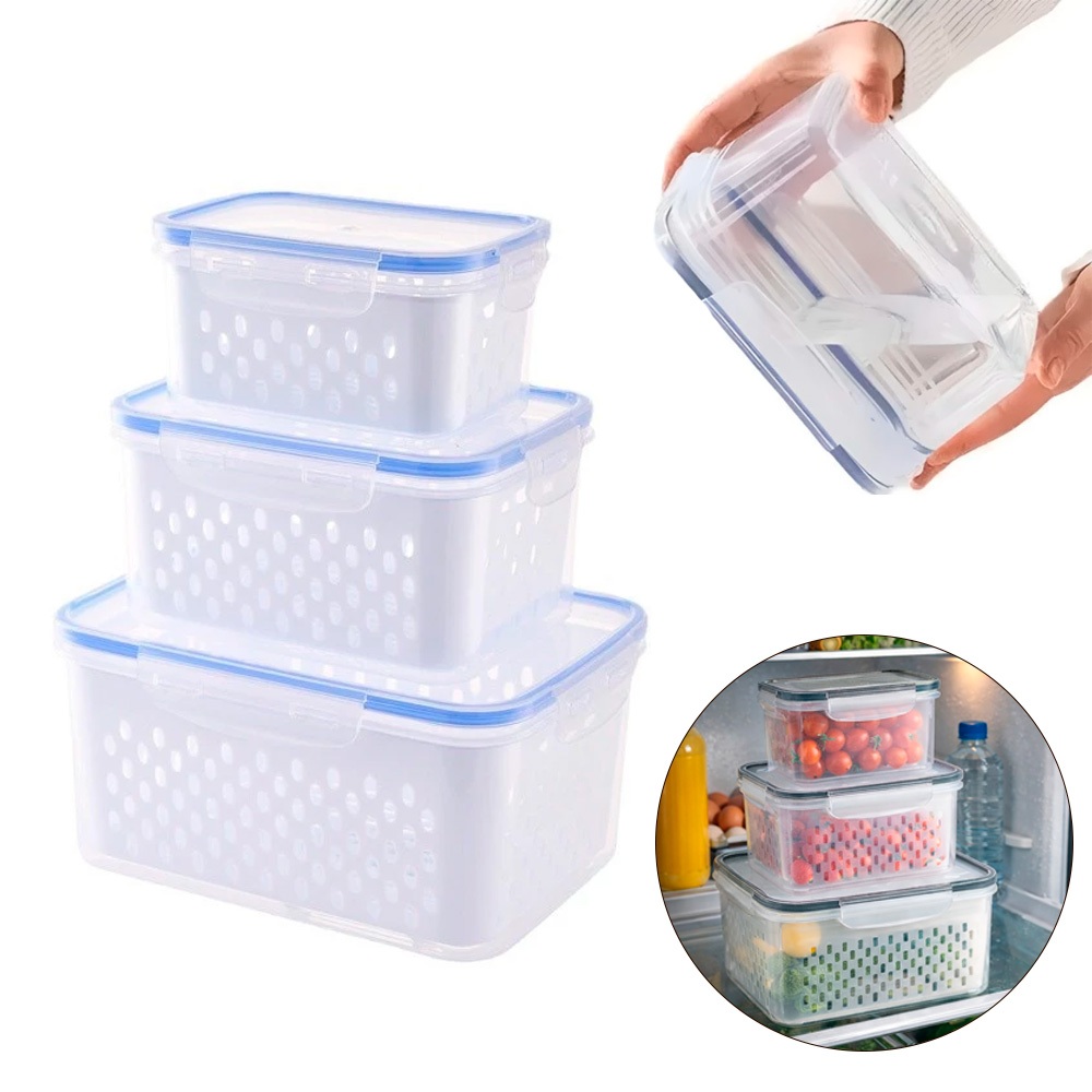 Kit 3 Organizadores Potes Hermetico Geladeira 850ML/1750ML/3300ML Alimentos Vegetais