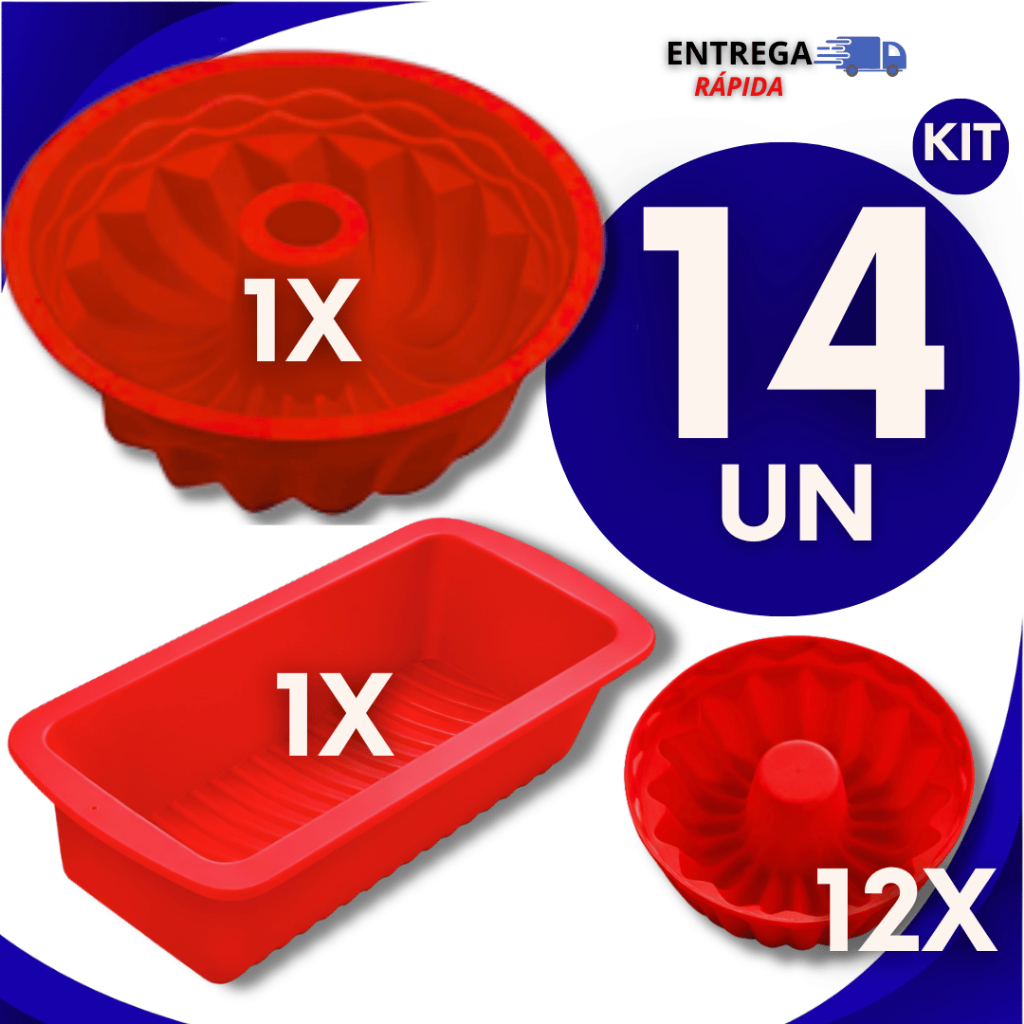 Jogo 14 Formas de Silicone -1 Forma Pão,1Forma Bolo ou Pudim, 12 Forminhas  Cupcake Forma Silicone