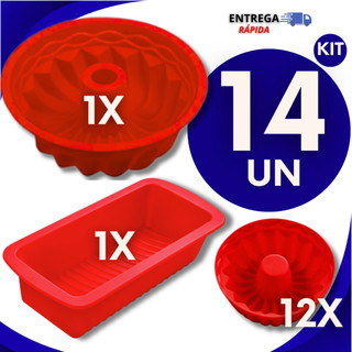 Jogo 14 Formas de Silicone -1 Forma Pão,1Forma Bolo ou Pudim, 12 Forminhas  Cupcake Forma Silicone