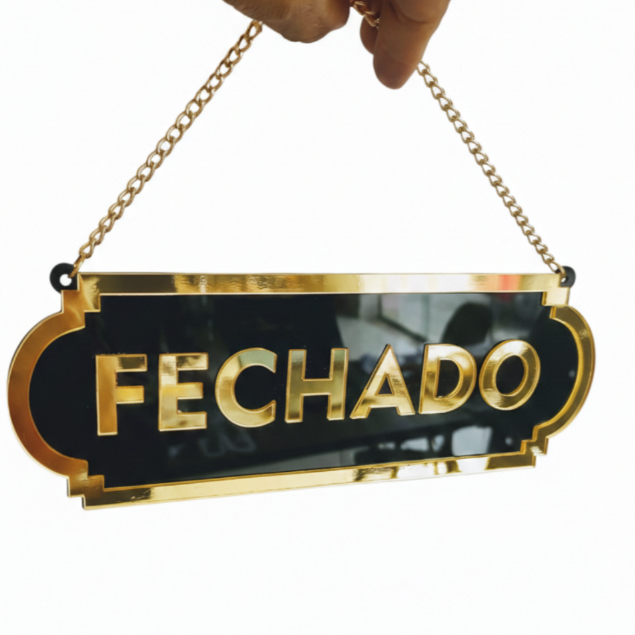 Placa Aberto Fechado sinalização em acrílico espelhado com corrente e ventosa