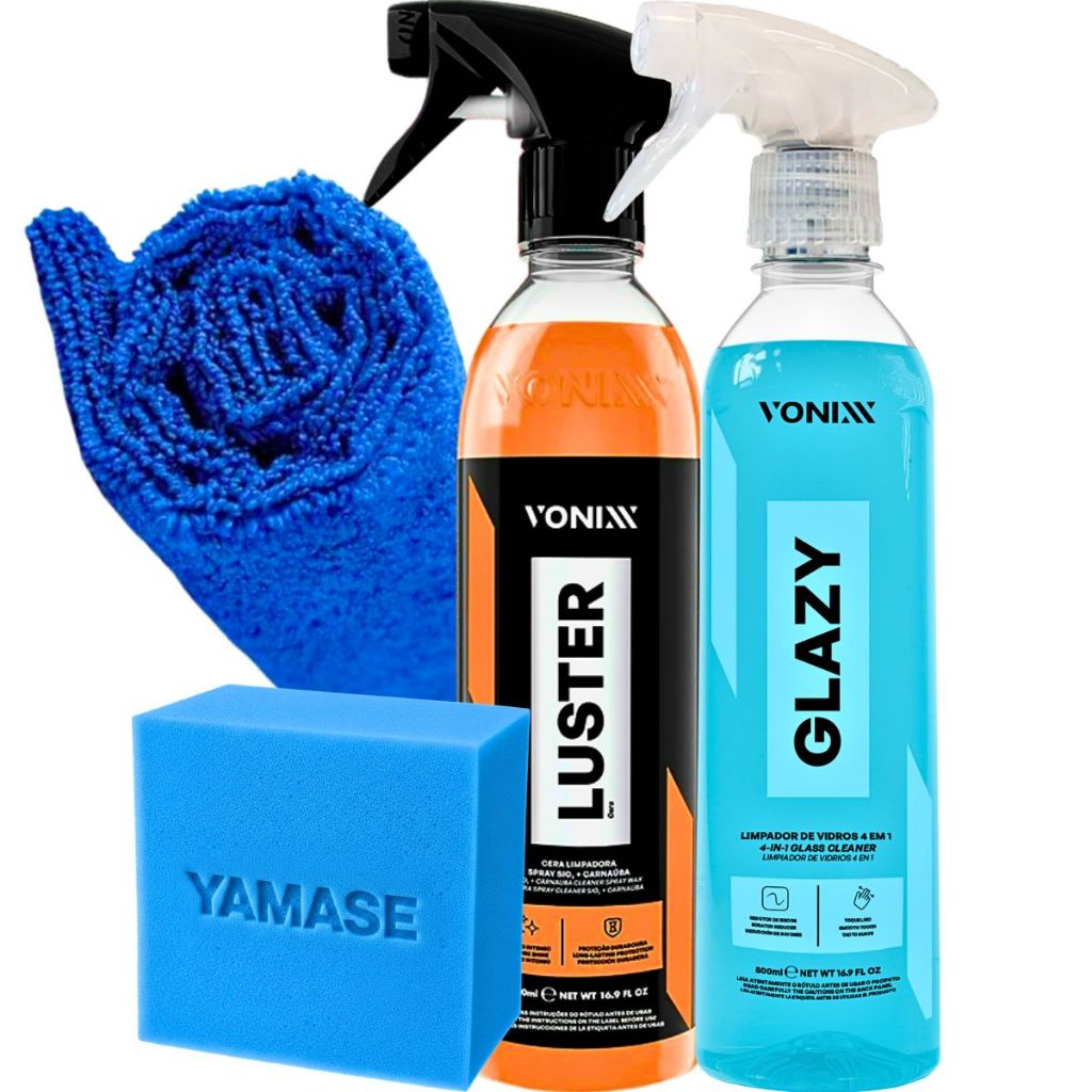 Kit Cera Automotiva Líquida com Carnaúba Luster E Limpa Vidros Com Redutor de Atritos Glazy 500ml Vonixx em Oferta na Shopee