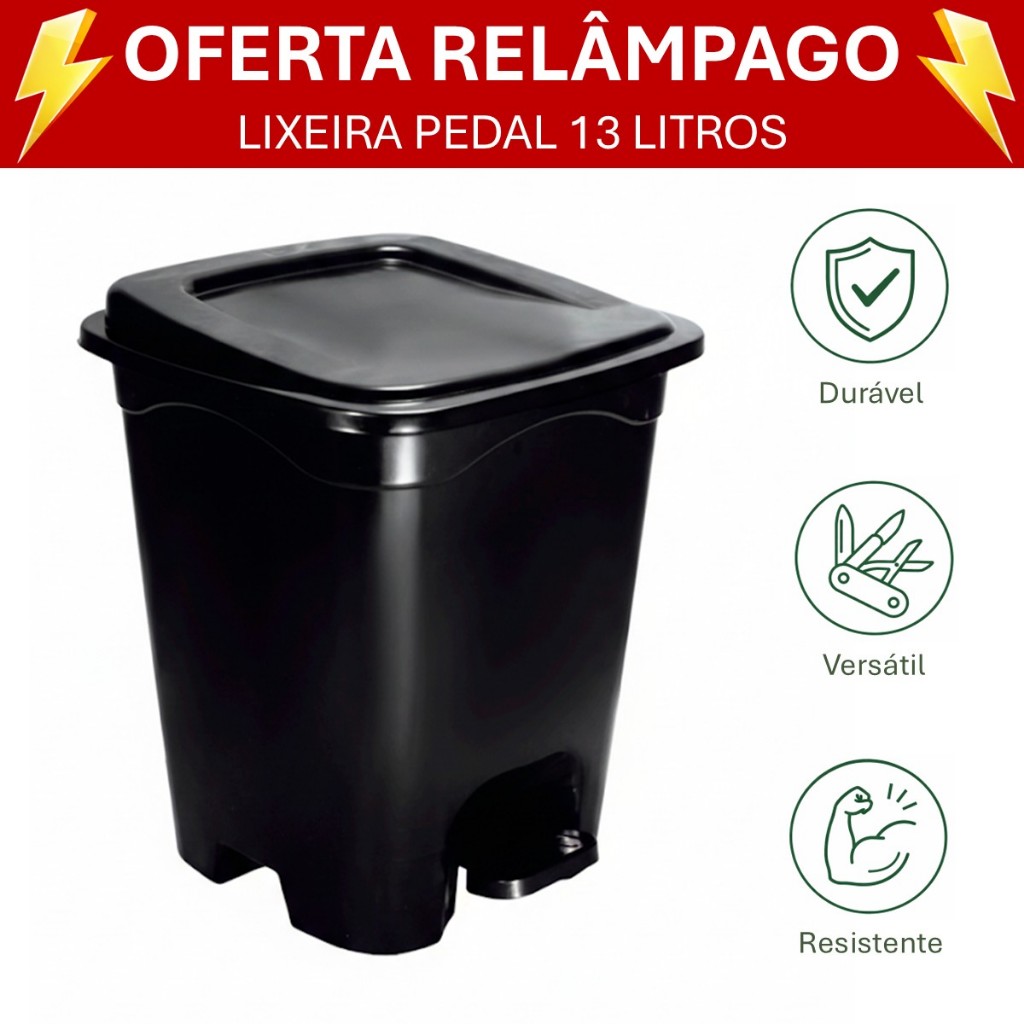 Lixeira Quadrada 13L com Pedal e Tampa | Moderna Resistente para Cozinha Banheiro Escritório em Oferta na Shopee