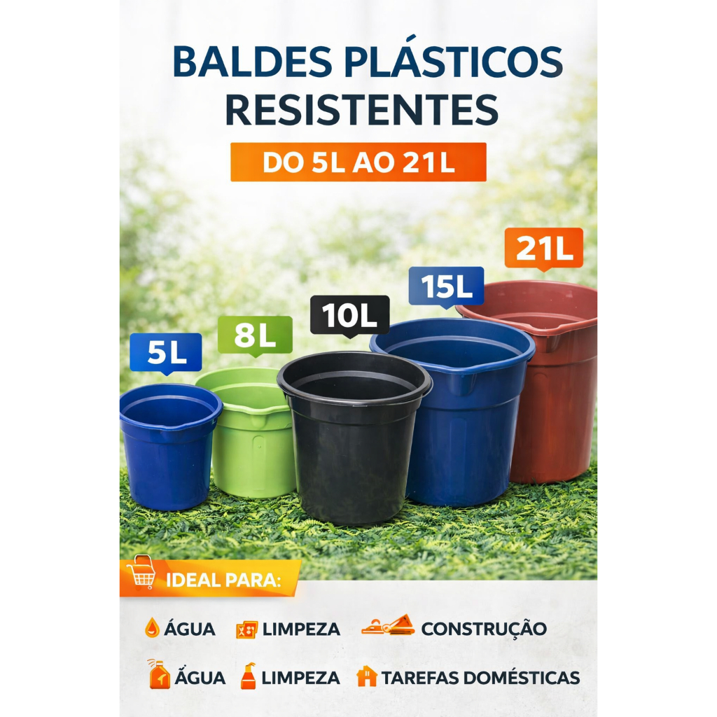 BALDES PLÁSTICOS – 5L A 21L | SUPER RESISTENTES COM CABO METÁLICO