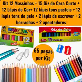Kit Lembrancinha Escolar com 65 Itens | 32 Lápis de Cor + 15 Giz + 12 Massinhas + 2 Borracha + 2 Apontador + 2 Escrever em Oferta na Shopee