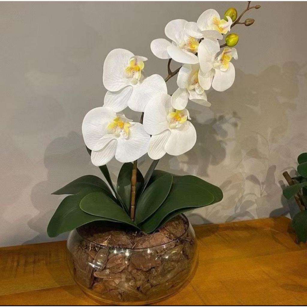 Kit Haste De Orquidea Branca Artificial Silicone Com Folha De Orquídea Verde Artificial Arranjo Completo