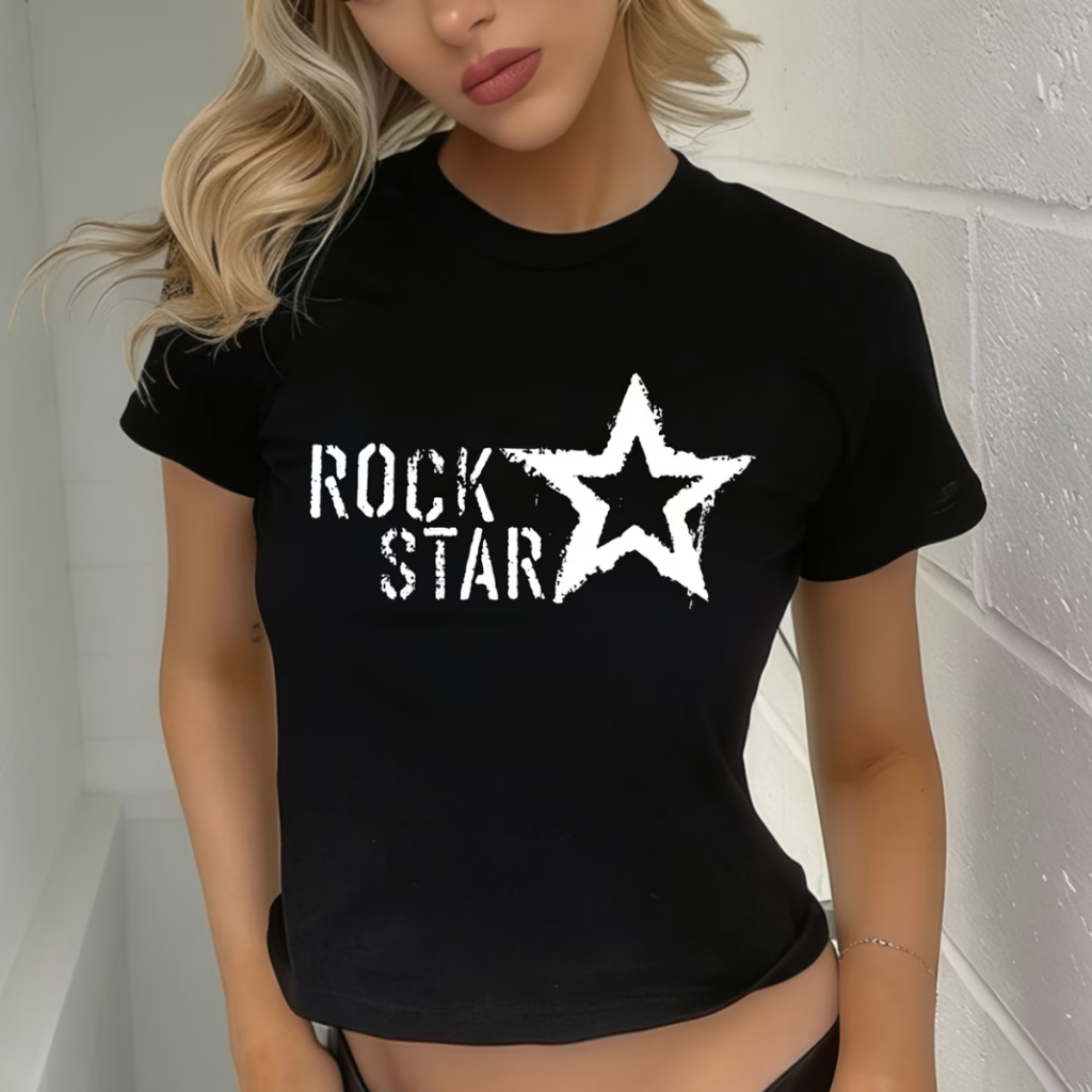 Baby Tee Rockstar Y2K Aesthetic Brasilcore Vintage Grunge Preta Cropped