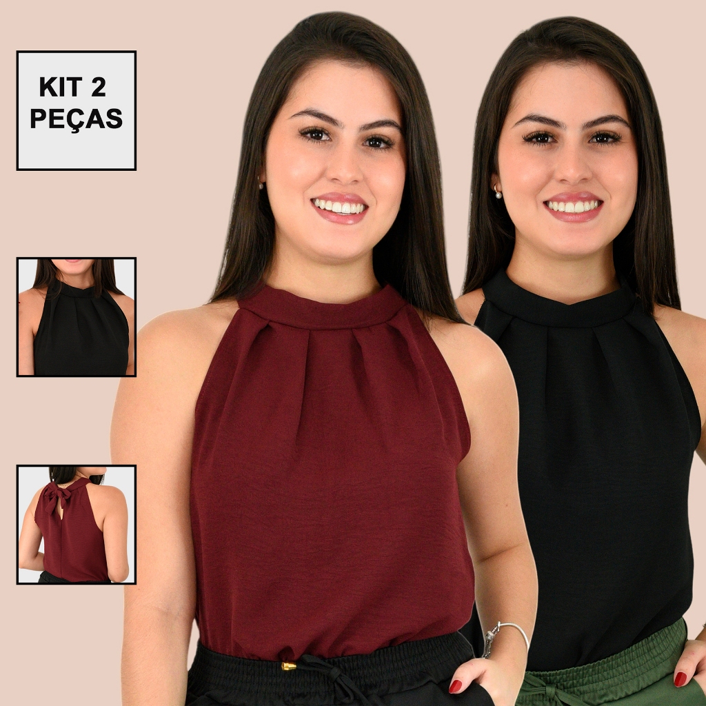 Kit 2 Blusa Feminina Social Gola Alta Tecido Dunas Elegante