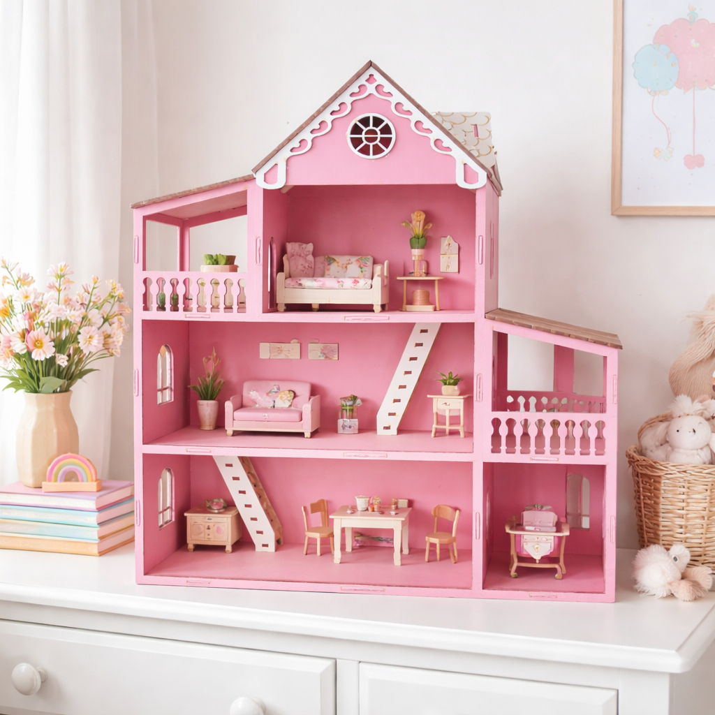 Casinha Infantil Mdf Rosa Com Moveis 3 Andares 40cm Altura Brinquedo Pedagogico Didatico Decoracao Quarto Menina Oferta