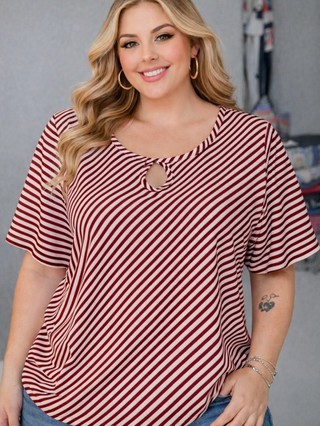 Blusa Soltinha Plus Size Feminina Listrada Manga Curta Decote Gota Casual Confortável Moda 2026