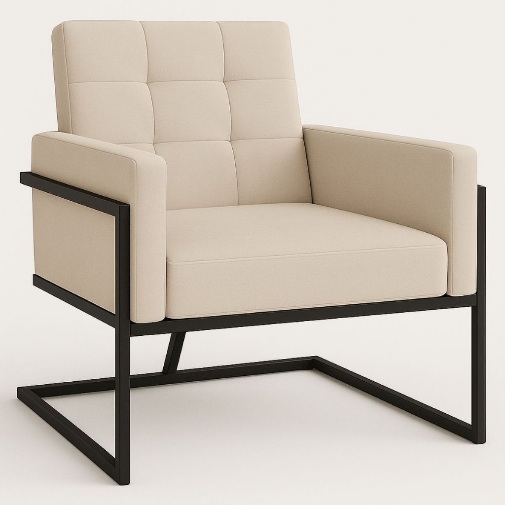Poltrona Estofada Elegante Base de Ferro Tecido Suede Macia Resistente para Sala de Espera