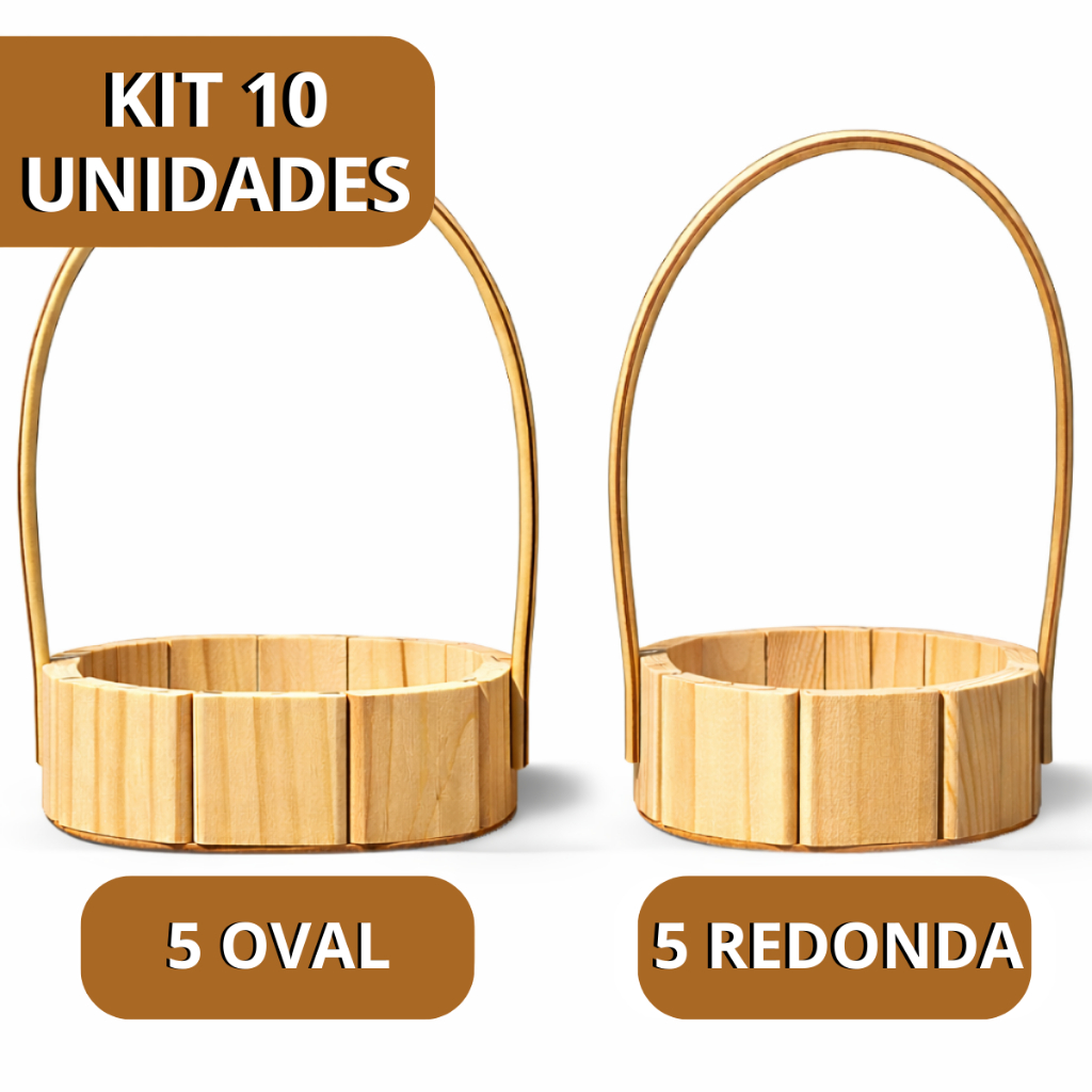 Kit 10 Cestas De Madeira Redonda e Oval com Alça para Presentes Dia das Mães Namorados Natal Páscoa