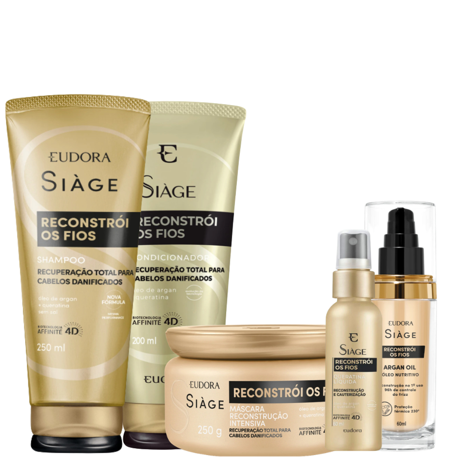 Kit Siàge Reconstrói Os Fios Shampoo 250ml Condicionador 200ml Mascara 250g Oleo De Argan Oil  60ml e Queratina 60ml