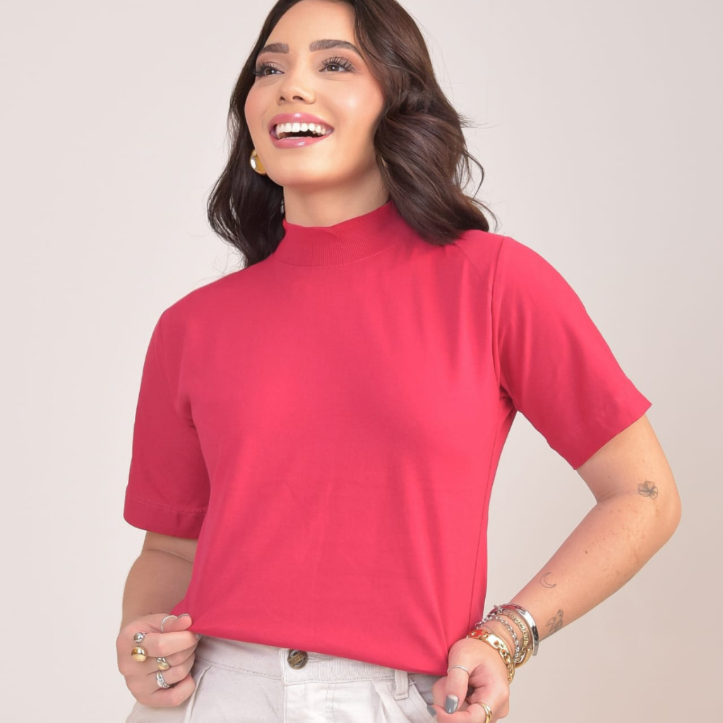 Blusas Gola Alta T-shirt Feminina Camiseta Básica Lisa 100% Algodão em Oferta na Shopee