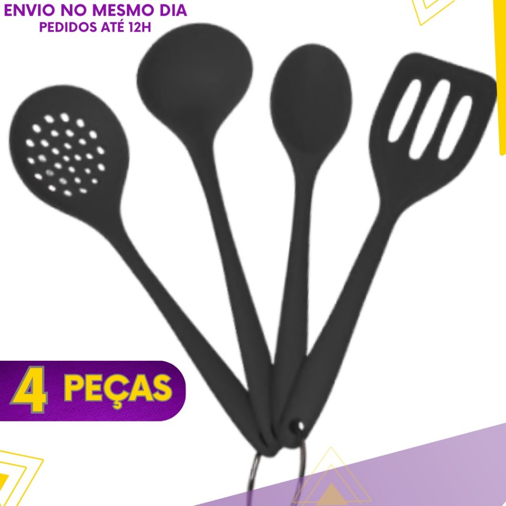 Jogo De Utensílios De Cozinha Em Silicone 4 Peças - Não Risca Panela Antiaderente Premium