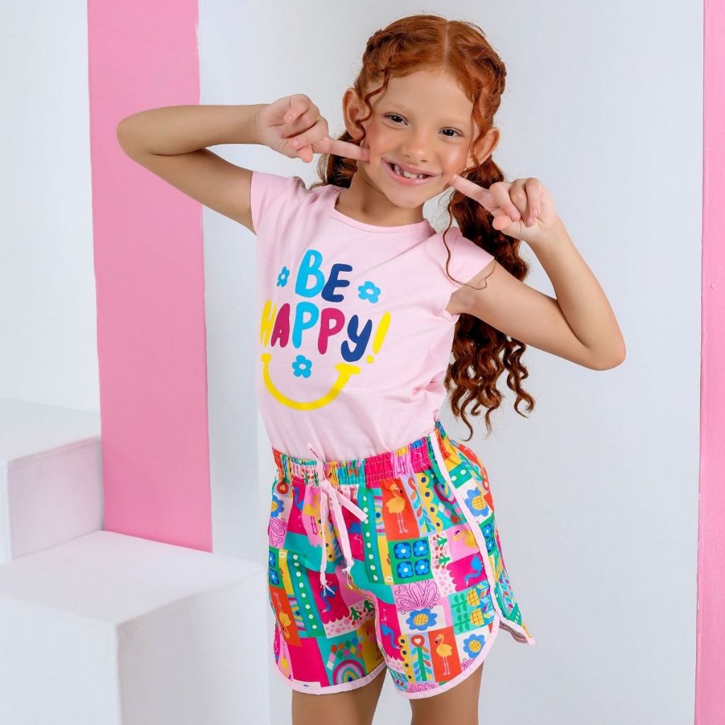 Conjunto Infantil Menina Blusa Infantil Menina Rosa Bebê + Short Tactel