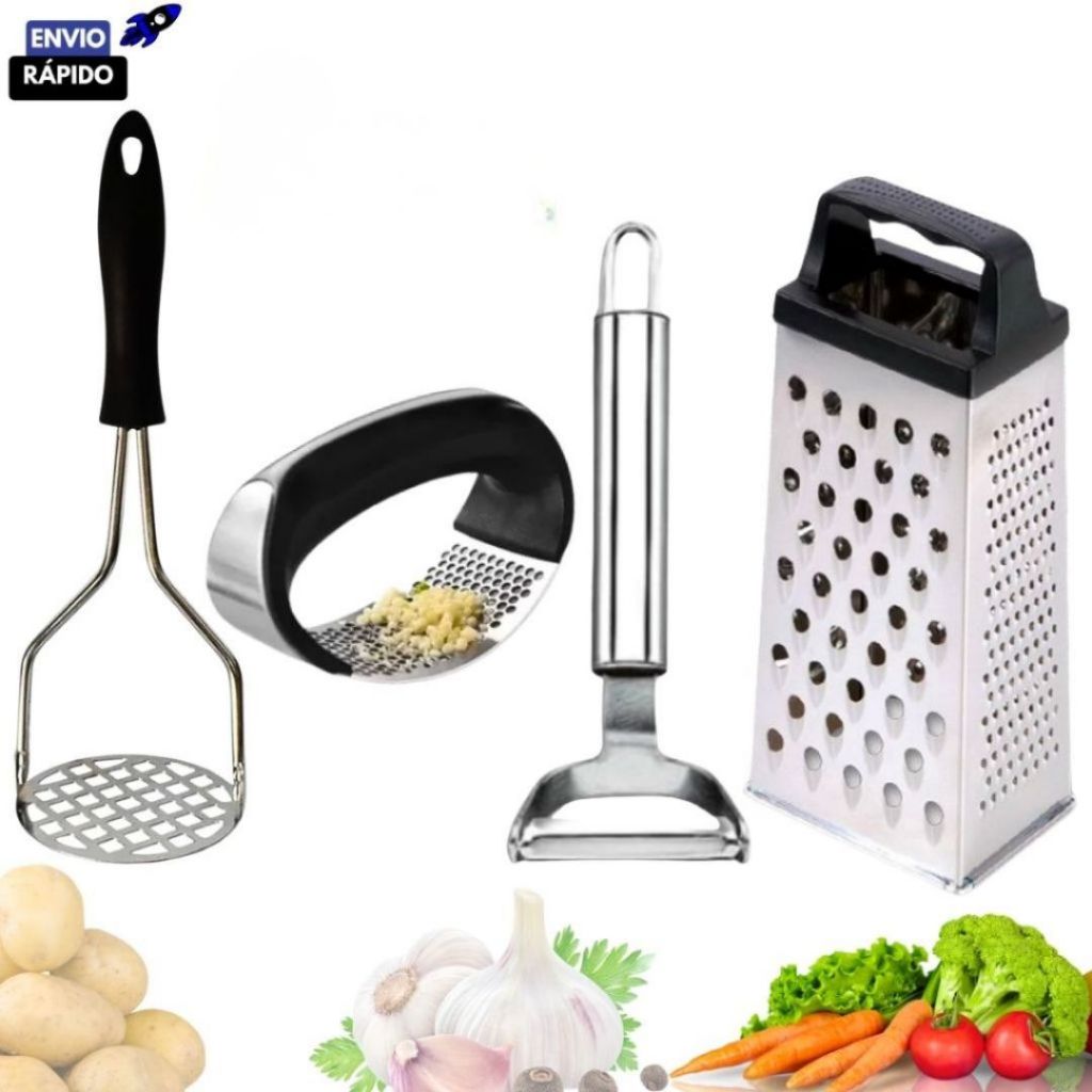 Kit Utensílios Ralador 4 Faces Amassador Batata Amassador Alho Descascador de Legumes em Aço Inox em Oferta na Shopee
