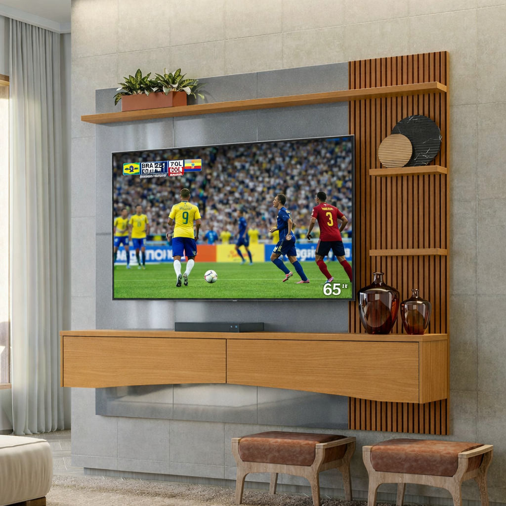 Painel Design Moderno Copa do Mundo Para Tv Até 65" Polegadas Europa Cinza Perolizado Tauari - Lukaliam Móveis