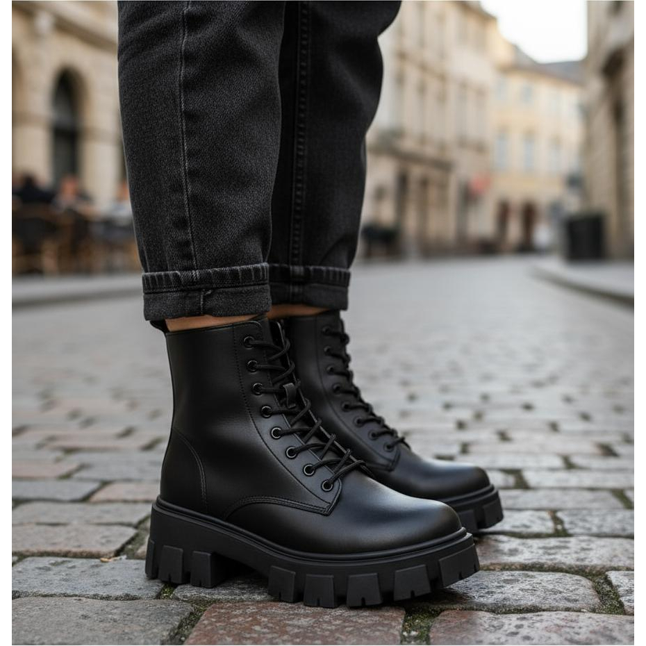 Coturno Feminino Tratorado Urbano Tendência Militar Preto Solado Robusto