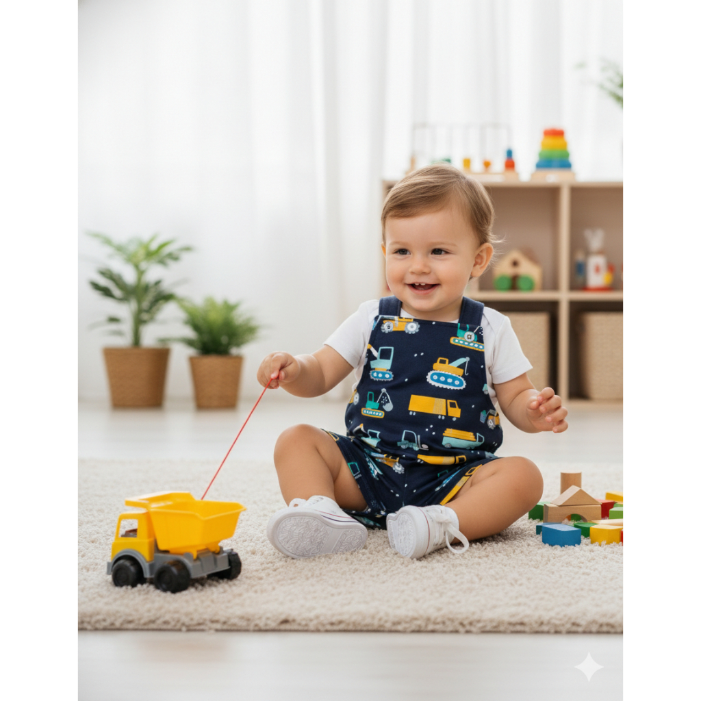 Conjunto Jardineira Bebê Menino Suedine Máquinas Mágicas