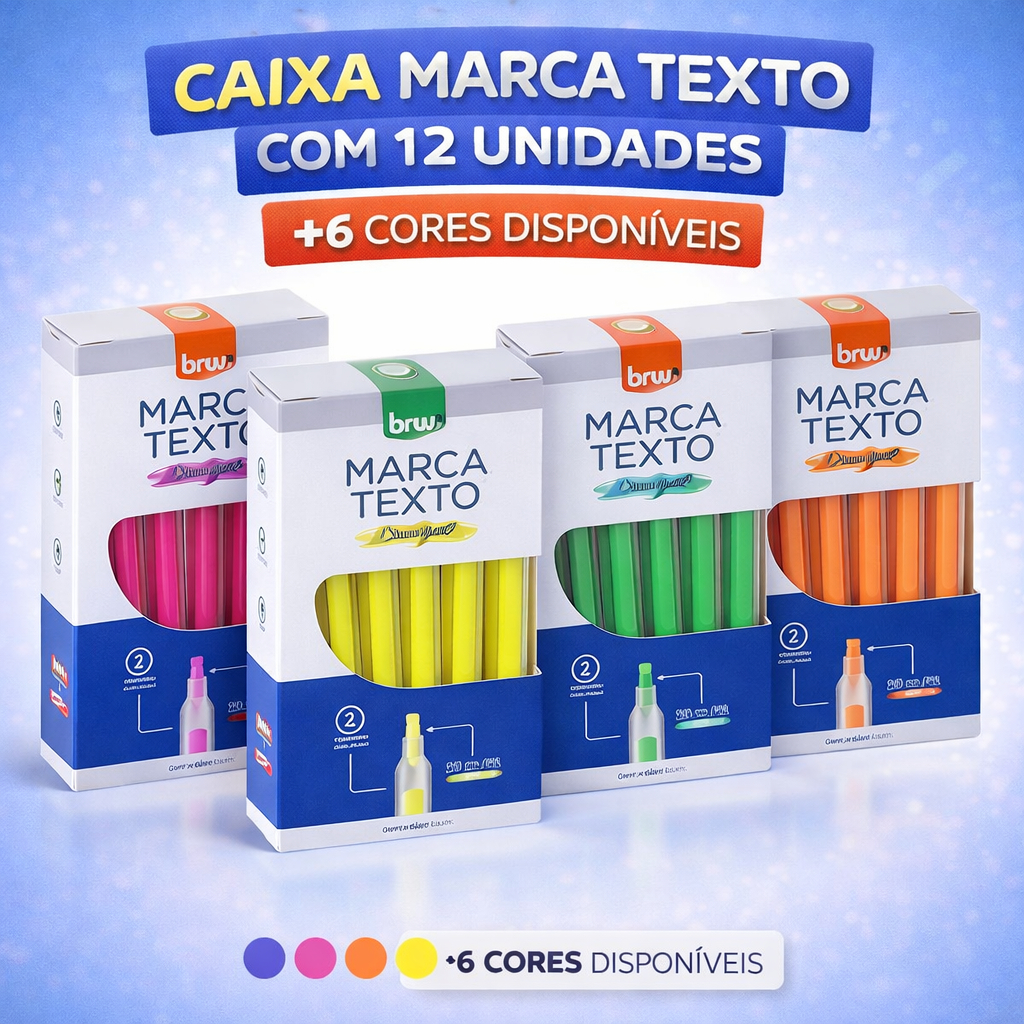 Kit 4 Caixas Marca Texto Fluorescente BRW 48 Unidades 4 Cores Ponta 1-4mm