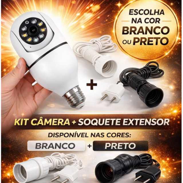 KIT CÂMERA DE SEGURANÇA LÂMPADA VISÃO NOTURNA 360° WIFI E27 + SOQUETE EXTENSOR CABO BIVOLT BRANCO OU PRETO