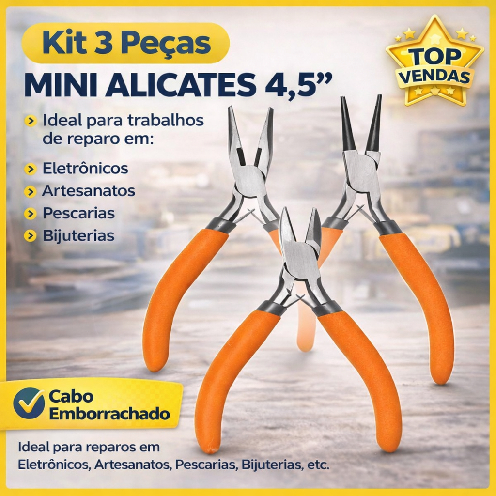 Kit 3 Alicates Mini 4,5" Inox Multiuso Bijuteria Artesanato Pesca Eletrônica Cabo Emborrachado