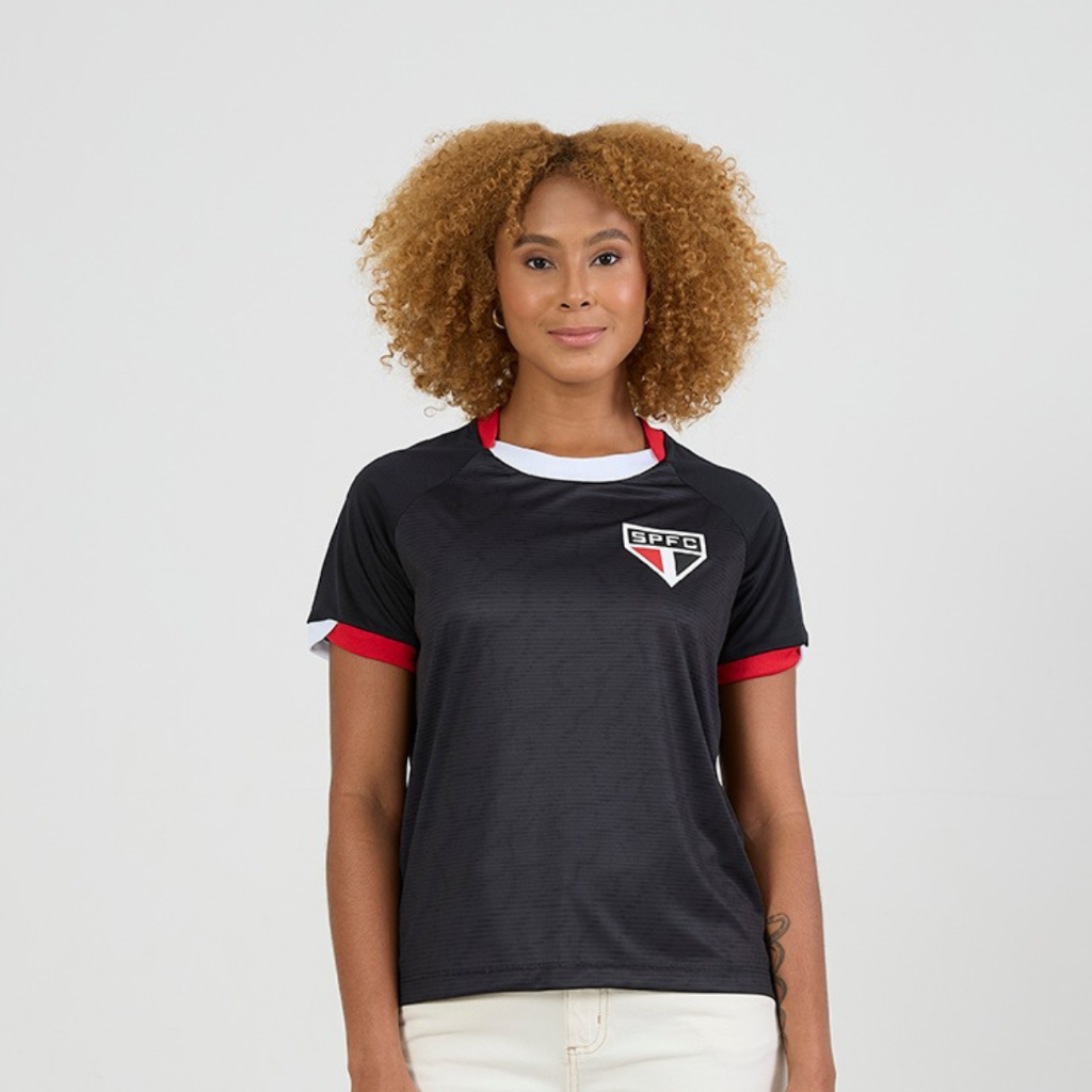 Camisa São Paulo Preta Feminina Entoar Licenciado Oficial Braziline