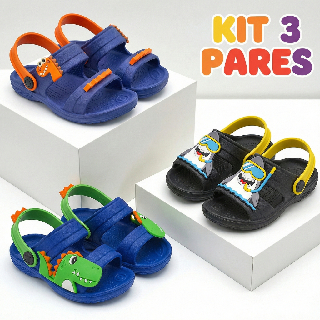 Kit 3 Papete Babuche Infantil Menino Leve Com Sola Antiderrapante Calçado Aberto Arejado