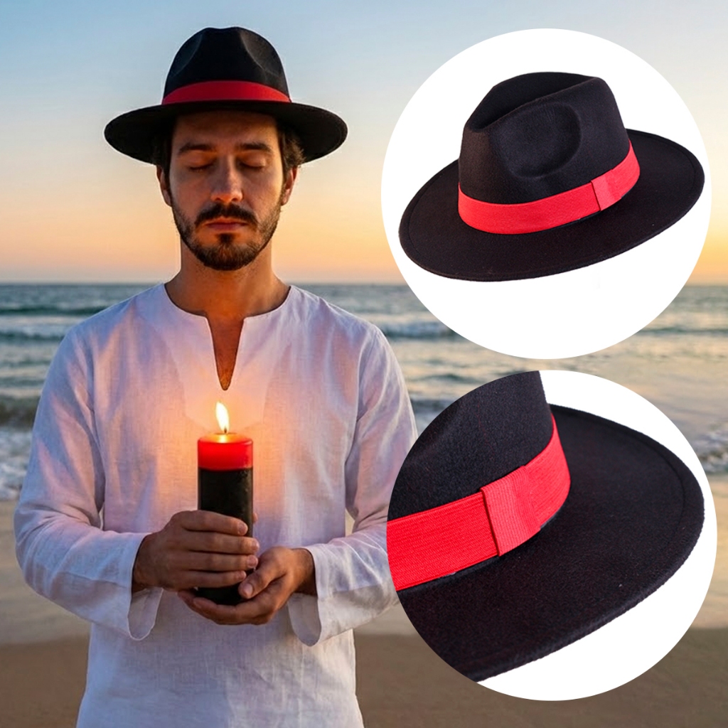 Chapéu Fedora Masculino Feminino Feltro Aveludado Preto Com Fita Vermelha Gangster