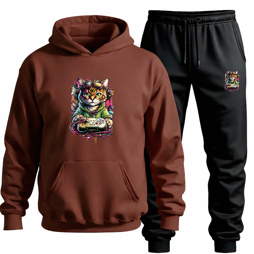 Conjunto Moletom Canguru+Calça Estampa Gato Game Blusa Agasalho Algodão Flanelado Confortável Passeio Treino