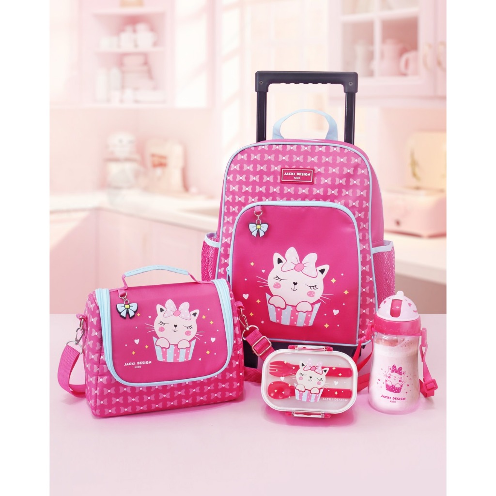 Conjunto Mochila com Rodinhas Lancheira Térmica Pote p/ Lanche e Garrafa Infanti - Jacki Design