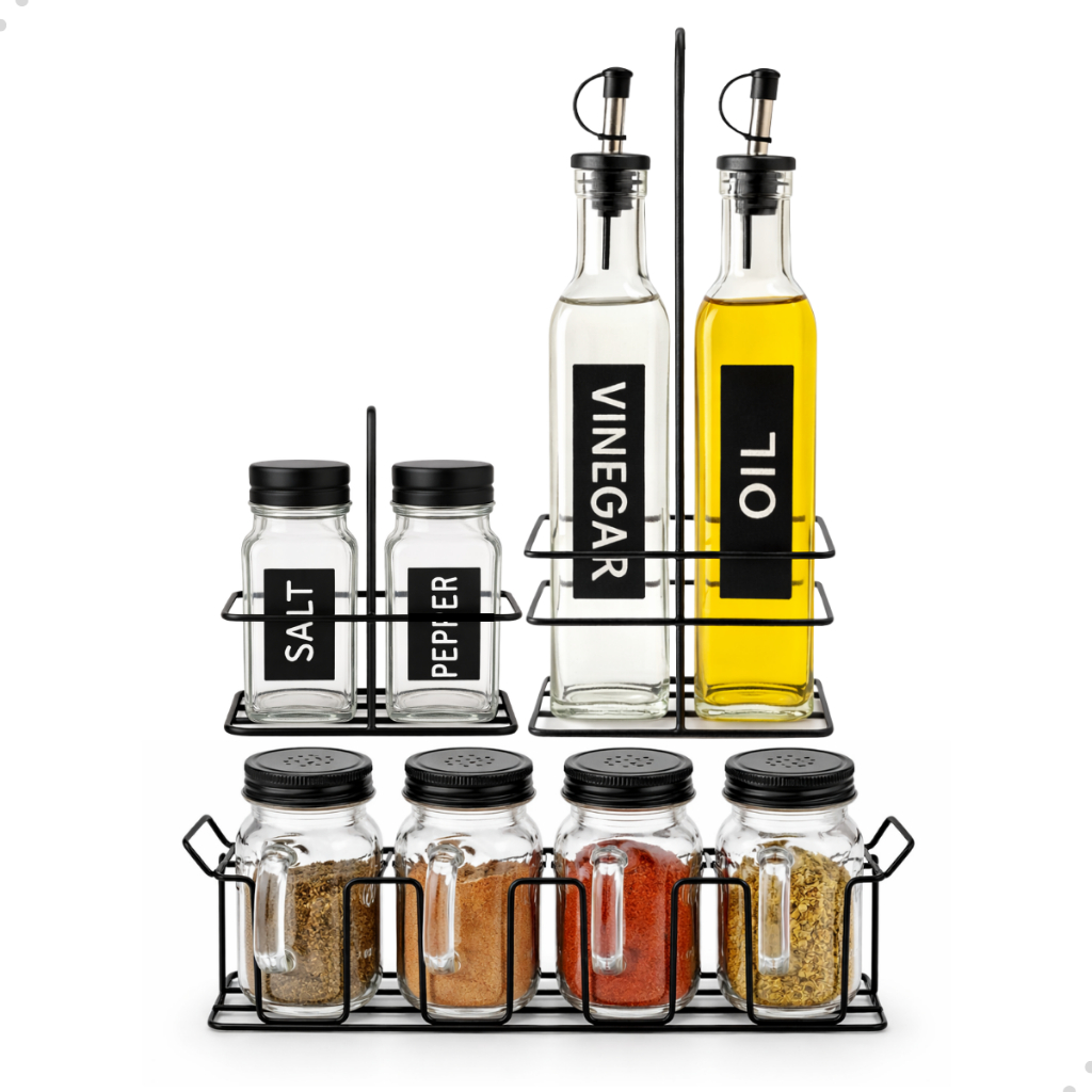 Kit Galheteiro Suporte Azeite Vinagre Saleiro Paliteiro Com Dosador Vidro Inox + Jogo 6 Pote Tempero