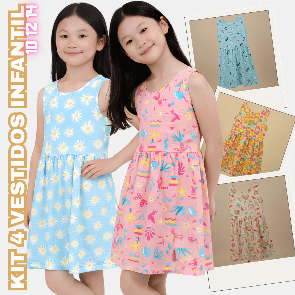 Kit 4 Vestidos Infantil Menina Estampados Verão Soltinho Leve Confortável Colorido Festa Premium Top