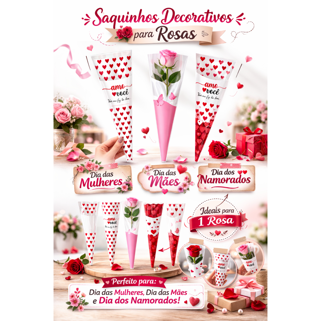 Kit 100-50 Unidades Saco Cone Botão para Rosas Dia das Mães Dia Das Mulheres Dia dos Namorados em Oferta na Shopee