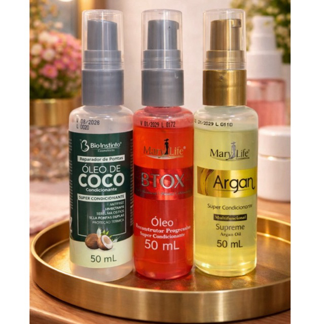 Óleo Reparador de Pontas Kit 3 Unidades ( Argan/ Coco/ BTOX) 50 ml - Mary Life em Oferta na Shopee