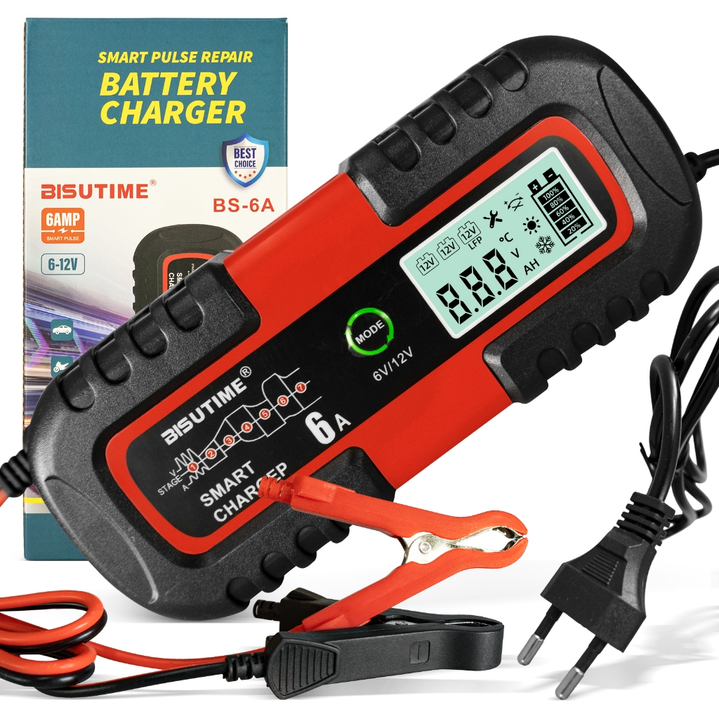 Carregador de Bateria Inteligente 6A | 6V/12V, Reparação por Pulso e Detecção de Temperatura Compatível com Carros,Motos em Oferta na Shopee