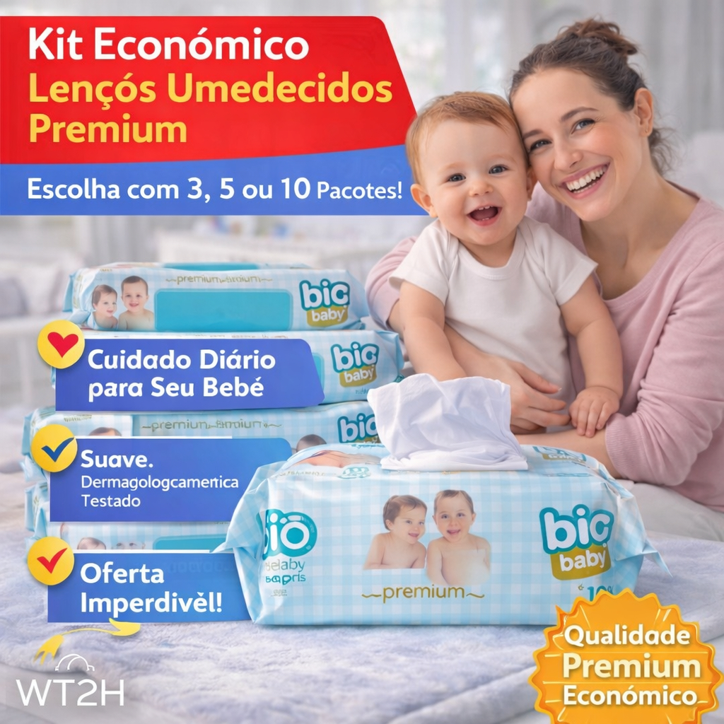Kit Lenço Umedecido Big Baby Premium 300, 500 ou 1000 Unidades Suave, Dermatologicamente Testado