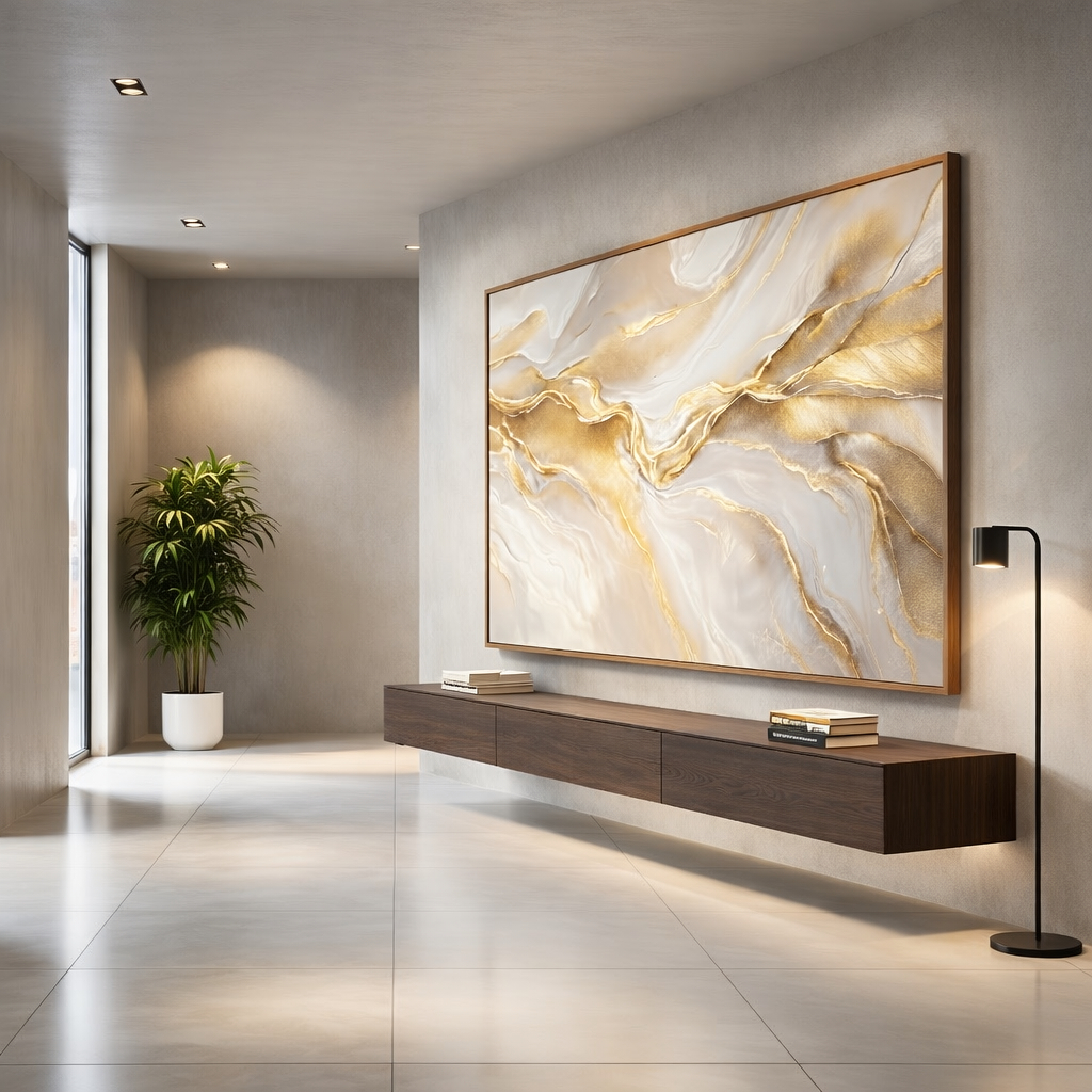 Quadro Decorativo Sala Abstrato Dourado 90x60 cm com Vidro 3mm e Moldura Premium para Sala de Estar · foto 2