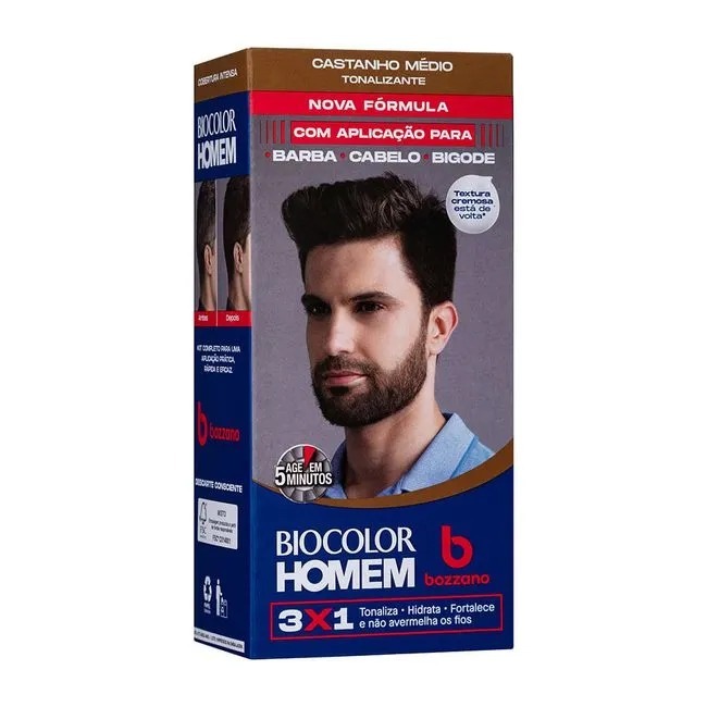 Tonalizante de Cabelo Masculino Biocolor Homem Bozzano Castanho Médio 3x1