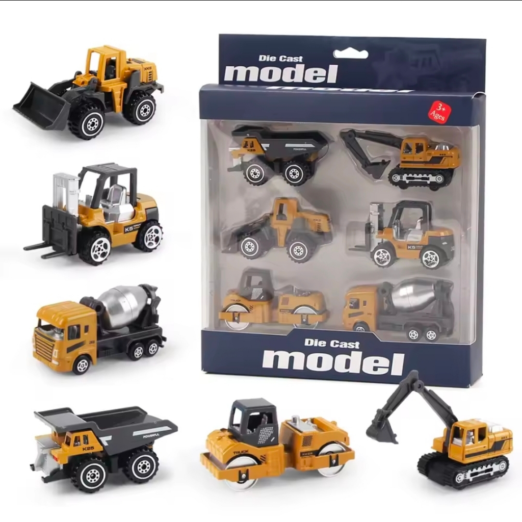 Kit com 6 carrinhos de construção em metal empilhadeira betoneira carregadeira compactador escavador