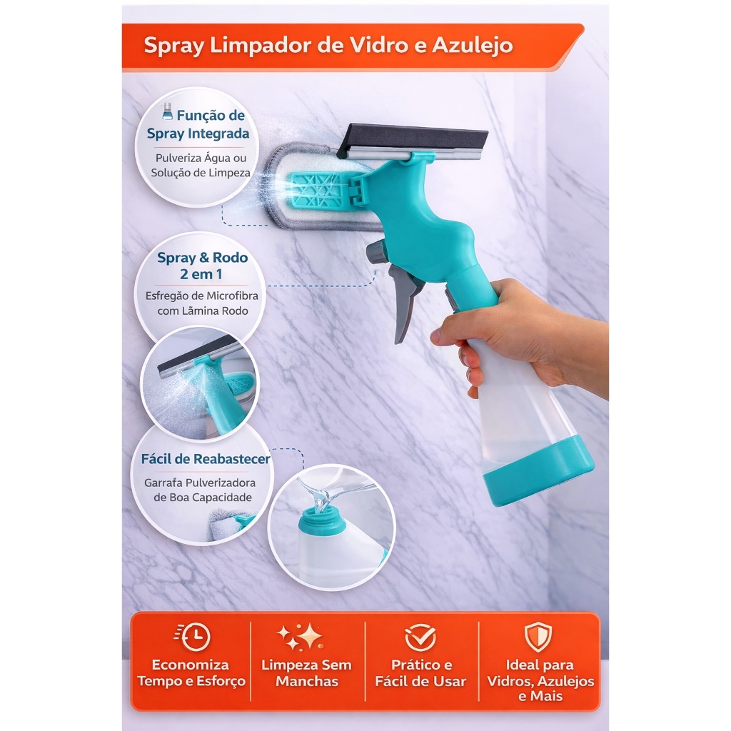 Rodo Mop Mágico 2 em 1 com Spray Limpador de Vidro e Azulejo | Esfregão Microfibra Multiuso para Box, Espelho e Janela em Oferta na Shopee