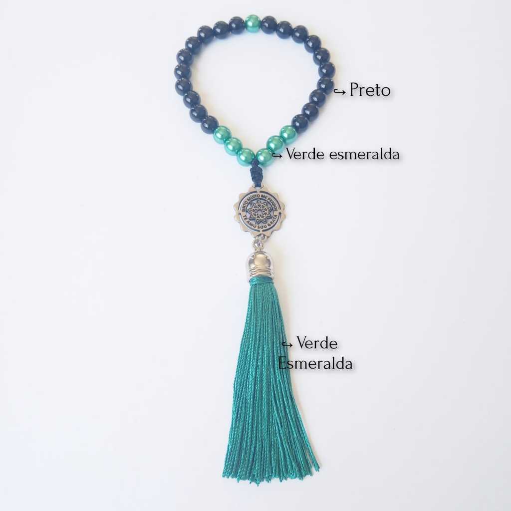 Imagem Japamala De Mão Com 27 Contas Pérola Negra e Verde Esmeralda Pingente do Ho'oponopono Rosário Budista Meditação Ref:812