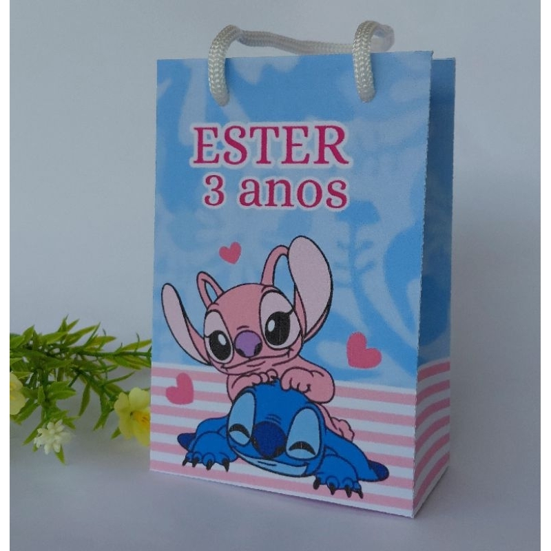 Kit com 15 Sacolinhas Personalizadas Tema Stitch – 14x9cm – Nome e Idade