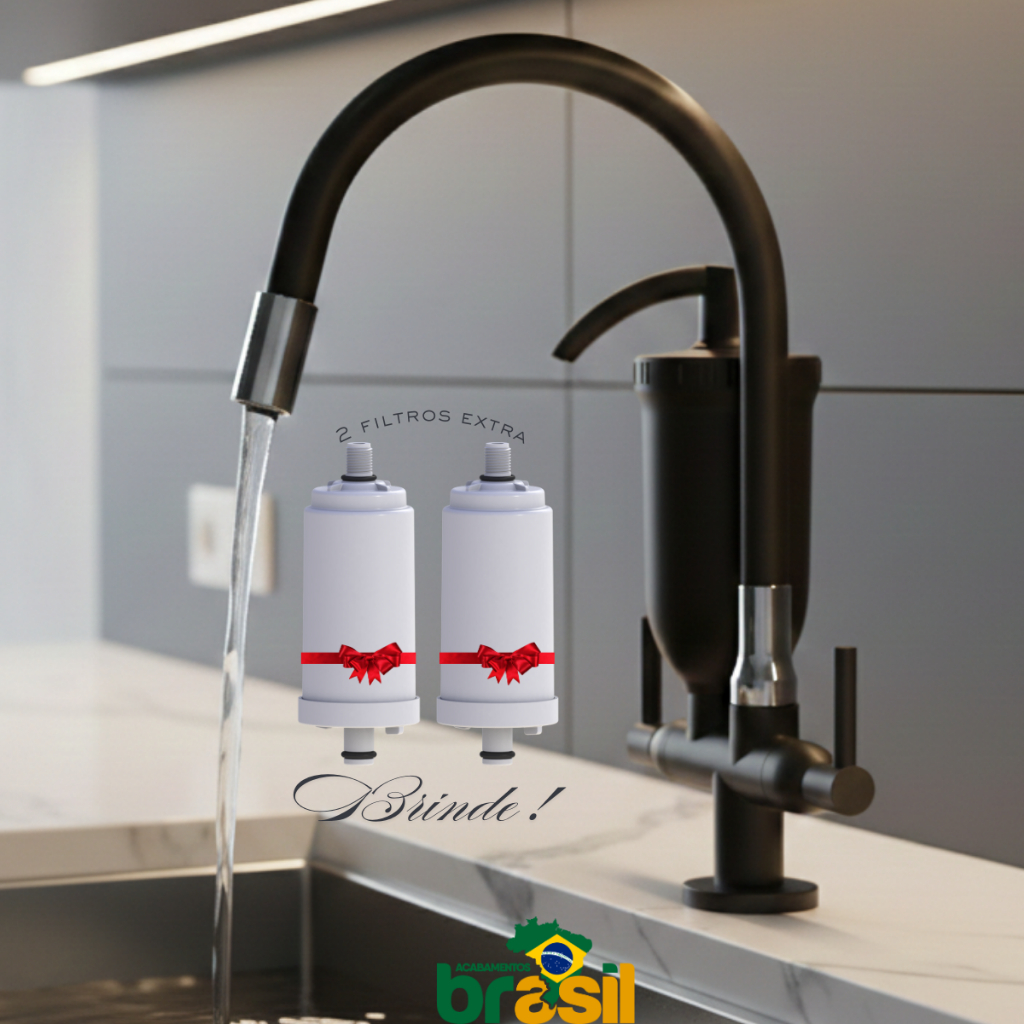 Torneira Filtro Preta Cozinha Purificador Bancada Flexível Refil Vela Carvao Ativado + 2 Refil extra