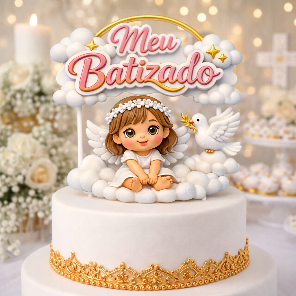 Topo de bolo Personalizado Batizado Menina e Menino Topper PLaquinha para Cake Anjo