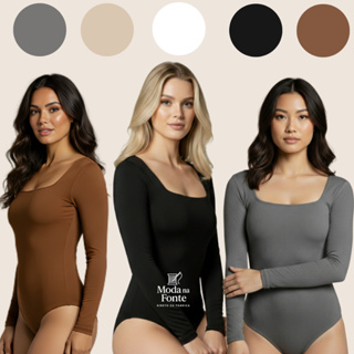 Body Decote Quadrado Costura Dupla Feminino Manga Longa Body Segunda Pele Justo e Confortável Tecido Premium em Oferta na Shopee