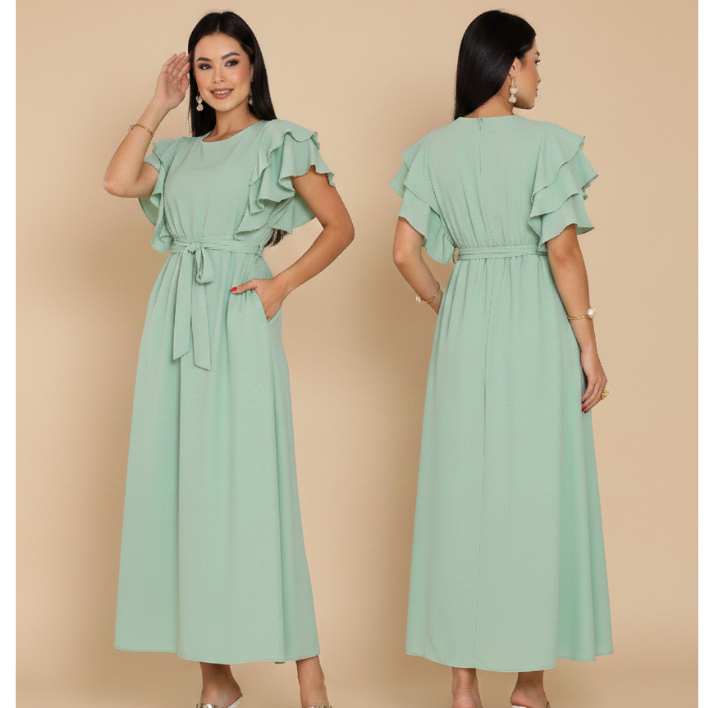 Vestido Feminino, tendencia verão Manga Babado elastex  nas Costas  Estilosa Tecido Duna Não Amassa Moda Evangélica