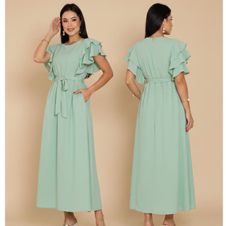 Vestido Feminino, tendencia verão Manga Babado elastex  nas Costas  Estilosa Tecido Duna Não Amassa Moda Evangélica