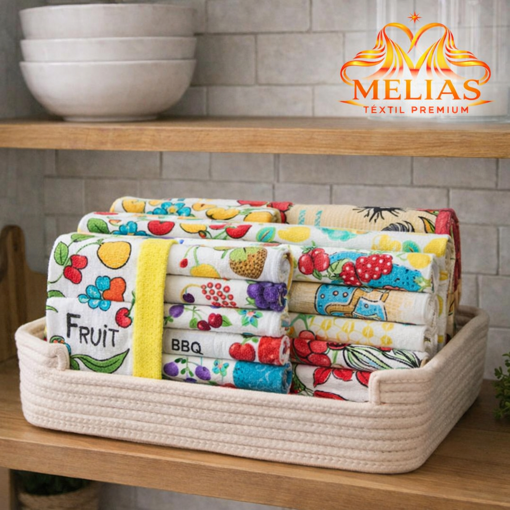 Kit 10 Panos de Prato Felpudos 100% Algodão Super Absorventes Atoalhados e Estampados para Cozinha