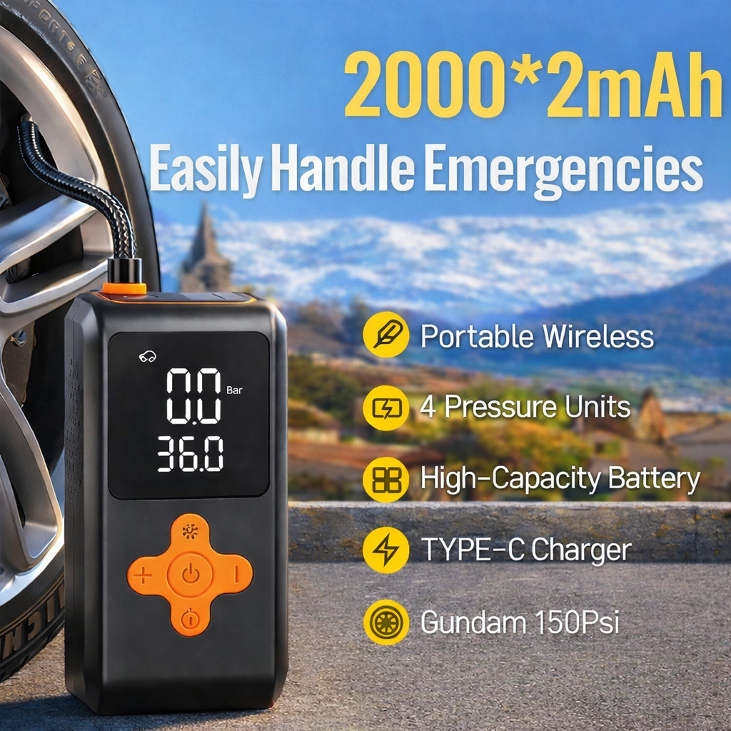 Bomba de Ar Portátil Compressor Multi-função 4 em 1 PowerBank  Bateria Calibrador de Carro Auto Pneu